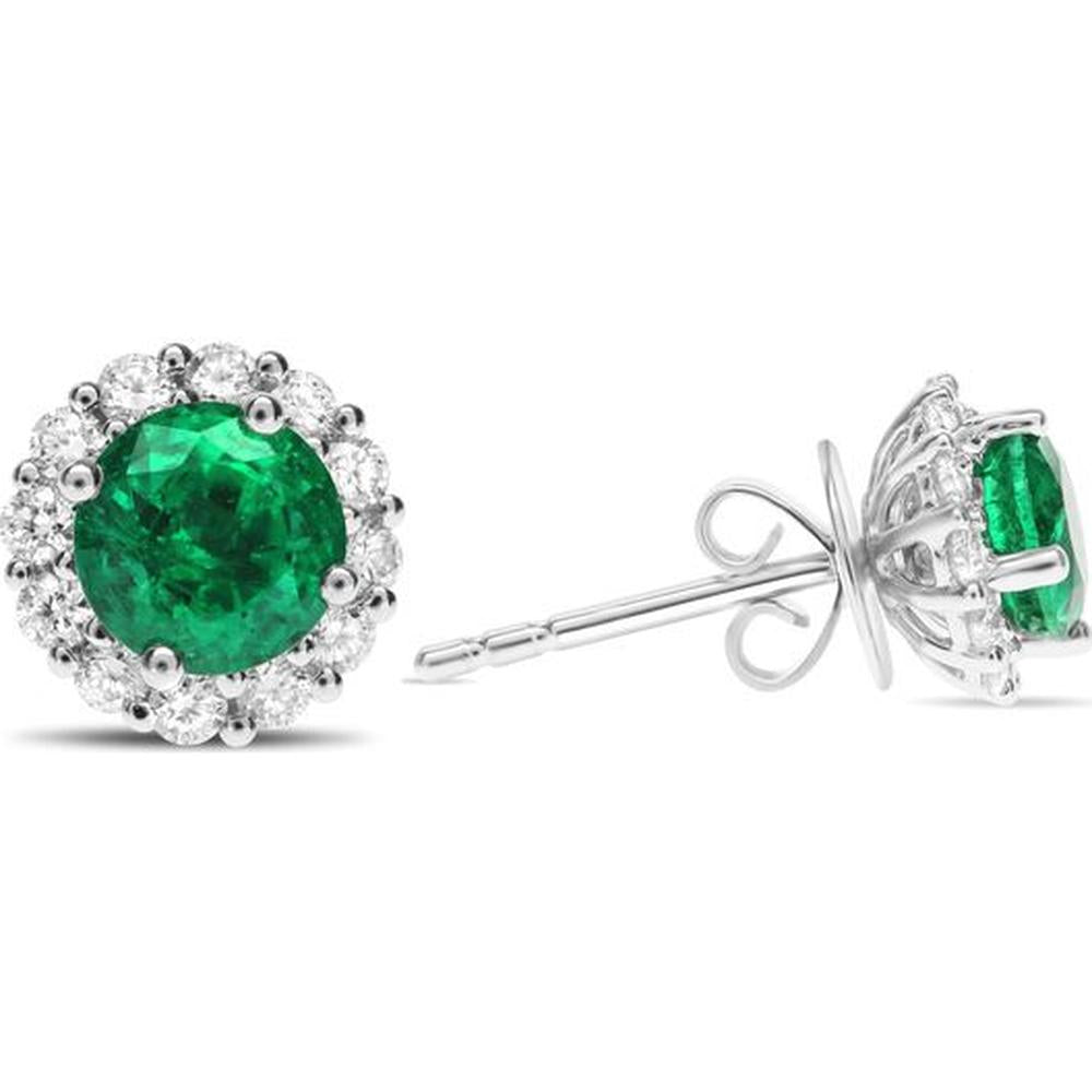 Roman & Jules - 18K White Gold Stud Earrings with Round Emeralds and Diamond Halo - 1.58 Carat Total Emerald Weight, 1.58 Carat Total Diamond Weight
