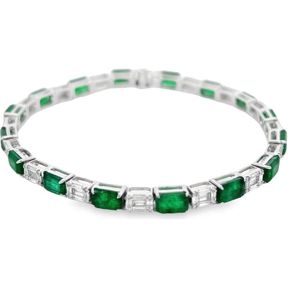 Roman & Jules - 18K White Gold Tennis Bracelet with Emerald Cut Emeralds and Baguette Diamonds - 8.66 Carat Total Emerald Weight