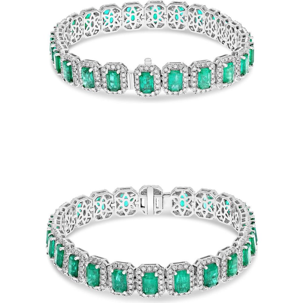 Roman & Jules - 18K White Gold Tennis Bracelet with Emerald-Cut Emeralds and Round Diamond Halo - 13.24 Carat Total Emerald Weight, 2.55 Carat Total Diamond Weight