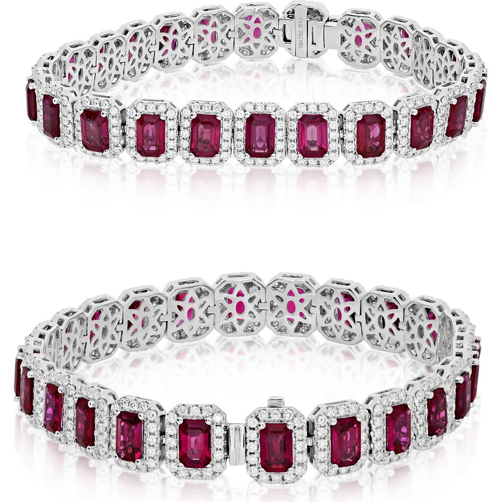Roman & Jules - 18K White Gold Tennis Bracelet with Emerald Cut Rubies and Round Diamonds - 2.81 Carat Total Diamond Weight