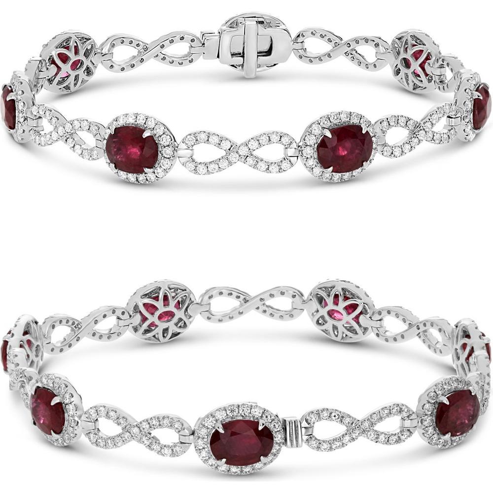 Roman & Jules - 18K White Gold Tennis Bracelet with GIA-Certified Oval Rubies and Diamond Halo - 10.65 Carat Total Ruby Weight