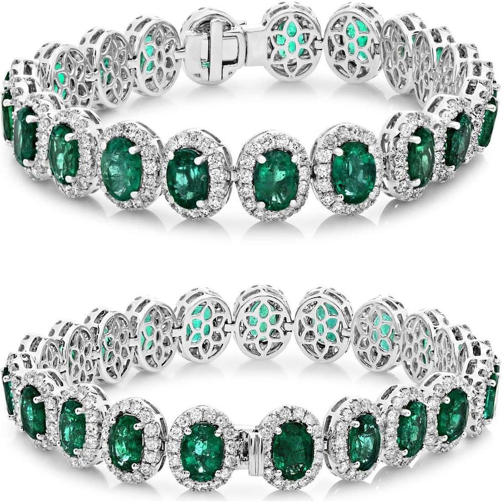 Roman & Jules - 18K White Gold Tennis Bracelet with Oval Emeralds and Round Diamonds - 14.84 Carat Emeralds, 4.13 Carat Diamonds