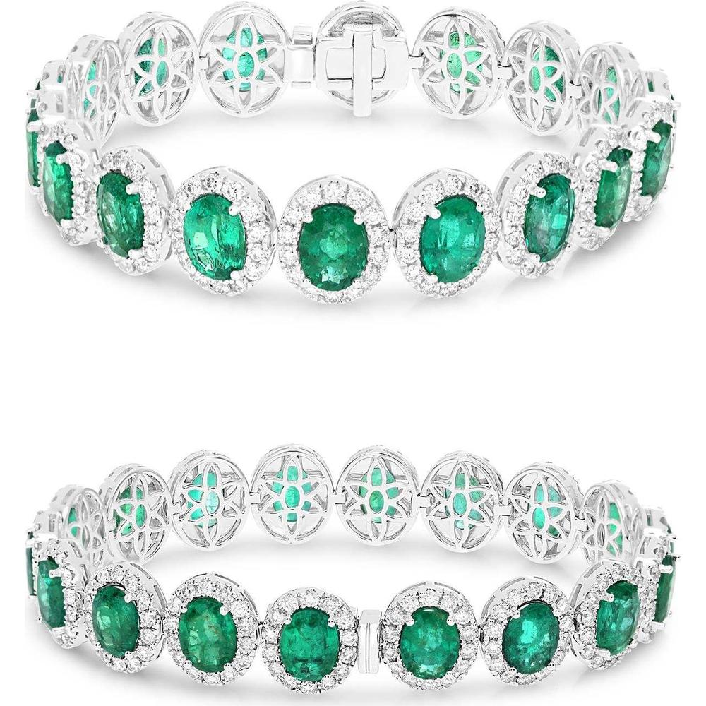 Roman & Jules - 18K White Gold Tennis Bracelet with Oval Emeralds and Round Diamonds - 21.32 Carat Total Emerald Weight, 5.62 Carat Total Diamond Weight