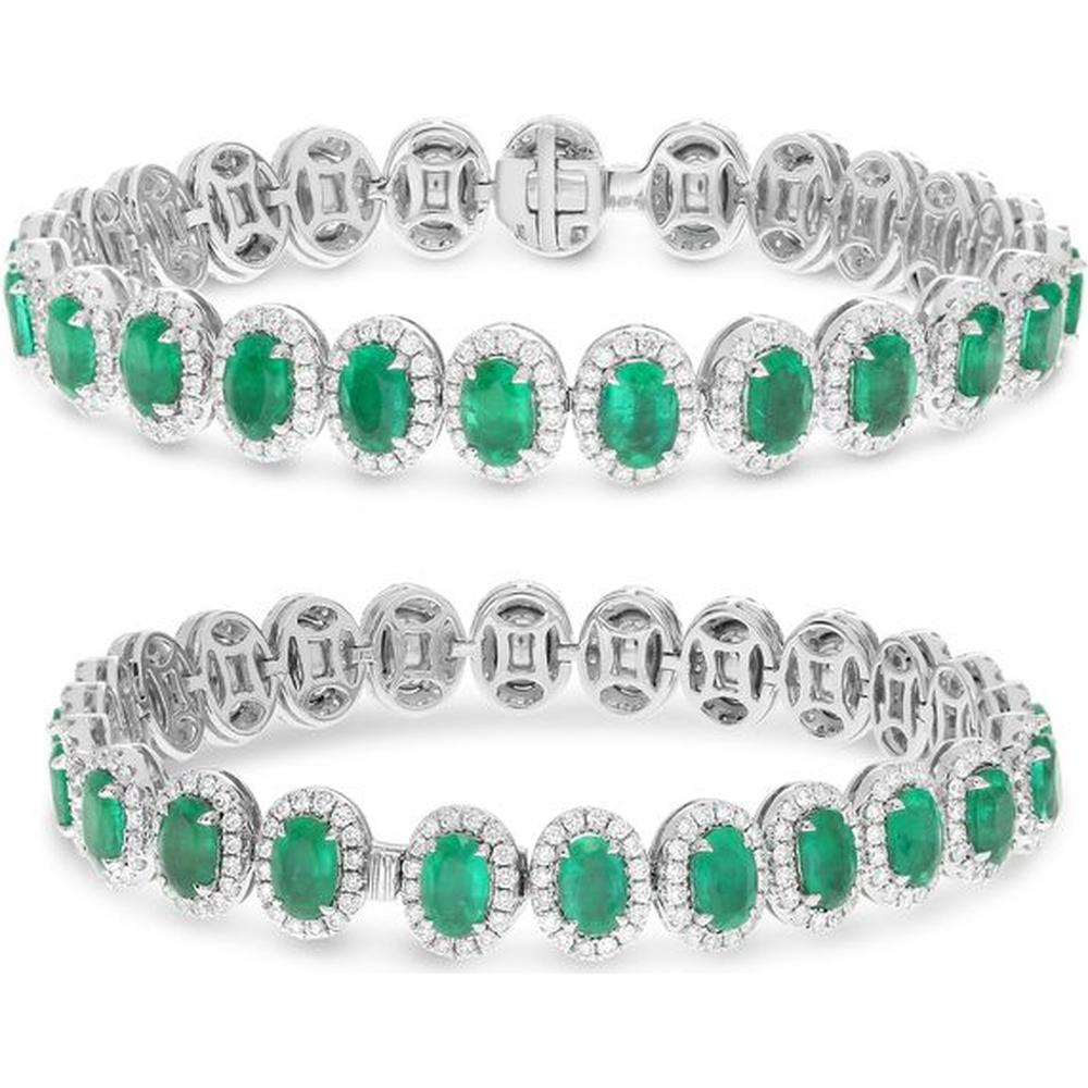 Roman & Jules - 18K White Gold Tennis Bracelet with Oval Emeralds and Round Diamonds - 9.55 Carat Total Emerald Weight, 2.85 Carat Total Diamond Weight