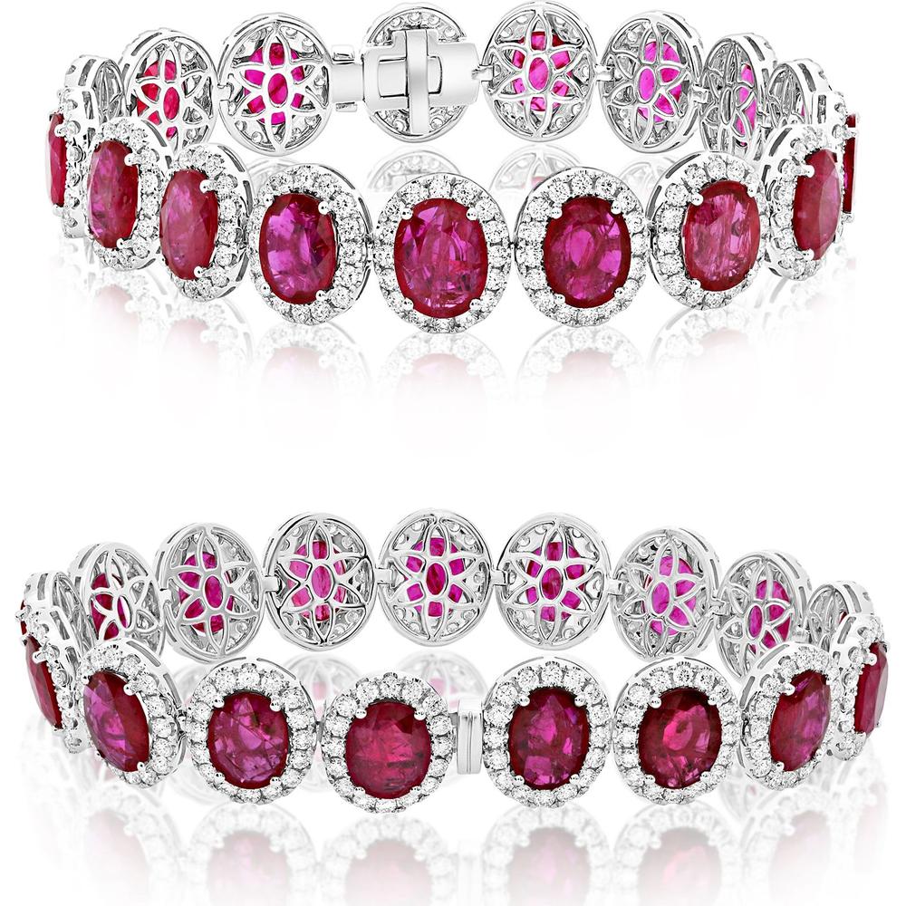 Roman & Jules - 18K White Gold Tennis Bracelet with Oval Rubies and Diamond Halo - 5.52 Carat Total Diamond Weight
