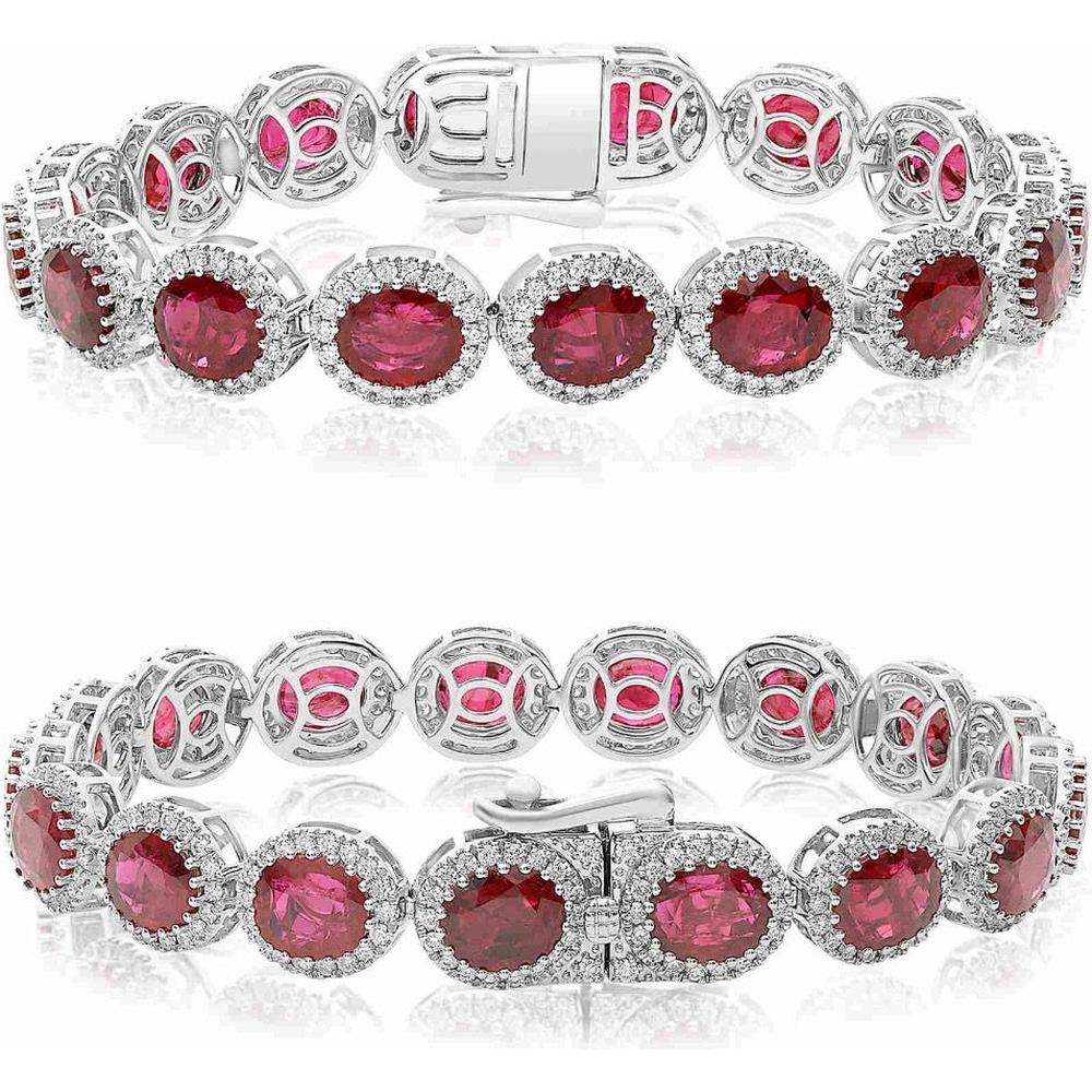 Roman & Jules - 18K White Gold Tennis Bracelet with Oval Rubies and Halo Diamonds - 2.09 Carat Total Diamond Weight