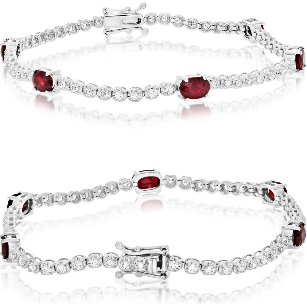 Roman & Jules - 18K White Gold Tennis Bracelet with Oval Ruby and Round Diamond Illusion Setting - 1.00 Carat Total Diamond Weight