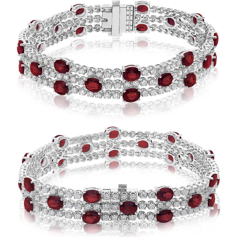 Roman & Jules - 18K White Gold Tennis Bracelet with Oval Ruby and Round Diamonds - 2.97 Carat Total Diamond Weight