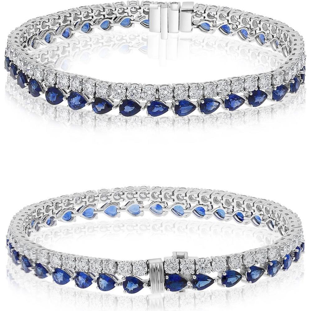 Roman & Jules - 18K White Gold Tennis Bracelet with Pear-Shaped Sapphires and Round Diamonds - 5.25 Carat Total Diamond Weight