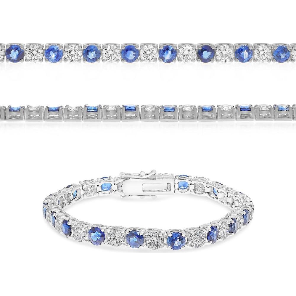 Roman & Jules - 18K White Gold Tennis Bracelet with Round Sapphire and Diamond - 7.50 Carat Total Gem Weight