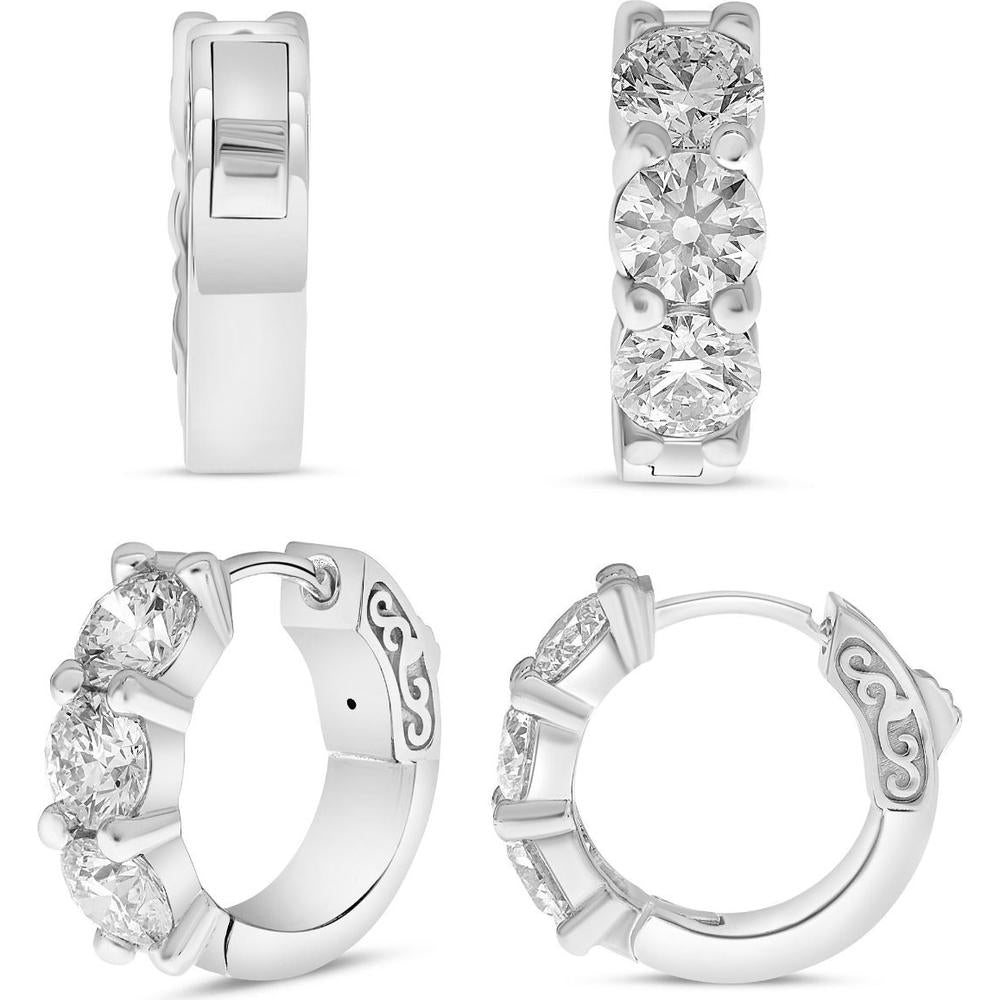 Roman & Jules - 18K White Gold Three Stone Diamond Hoop Earrings - 1.50 Carat Total Diamond Weight