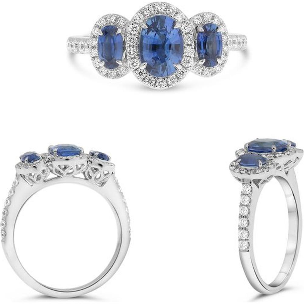Roman & Jules - 18K White Gold Three Stone Sapphire and Diamond Halo Ring with Round Diamonds - 1.94 Carat Total Gemstone Weight