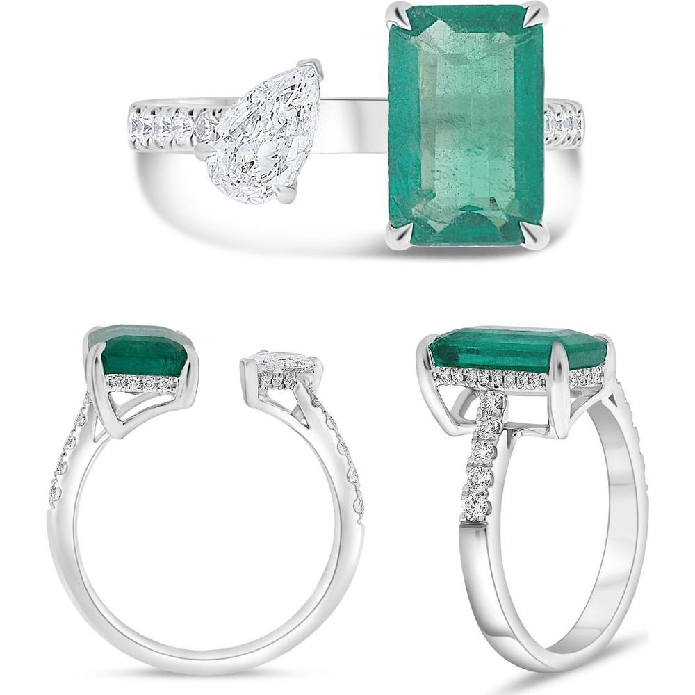 Roman & Jules - 18K White Gold Toi et Moi Emerald and Diamond Ring with Pear-Shaped Diamonds - 2.48 Carat Total Emerald Weight