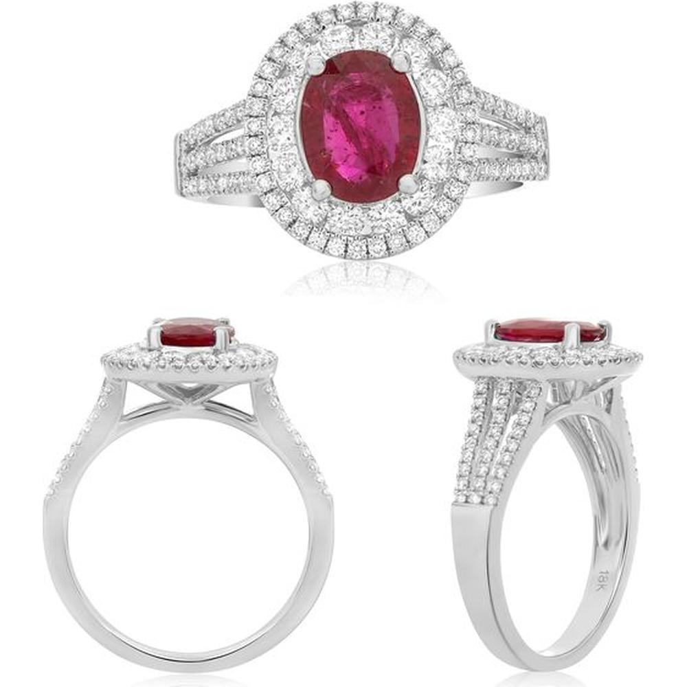 Roman & Jules - 18K White Gold Triple Band Halo Ring with Oval Ruby - 2.18 Carat Ruby and 0.80 Carat Total Round Diamond Weight