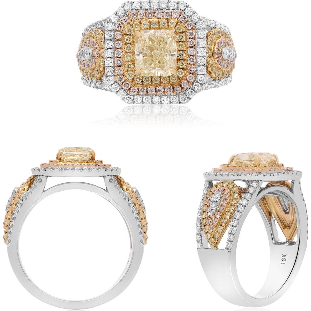 Roman & Jules - 18K White Gold Triple Halo Ring with 1.27 Carat Radiant Cut Fancy Yellow Diamond and 0.69 Carat Round White and Pink Diamonds