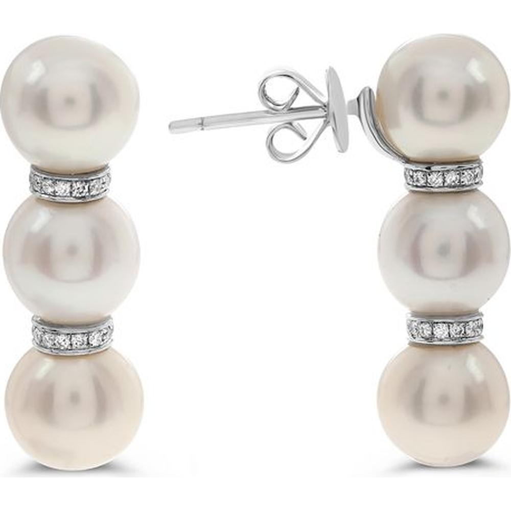 Roman & Jules - 18K White Gold Triple Pearl Drop Earrings with Round Diamonds - 0.21 Carat Total Diamond Weight