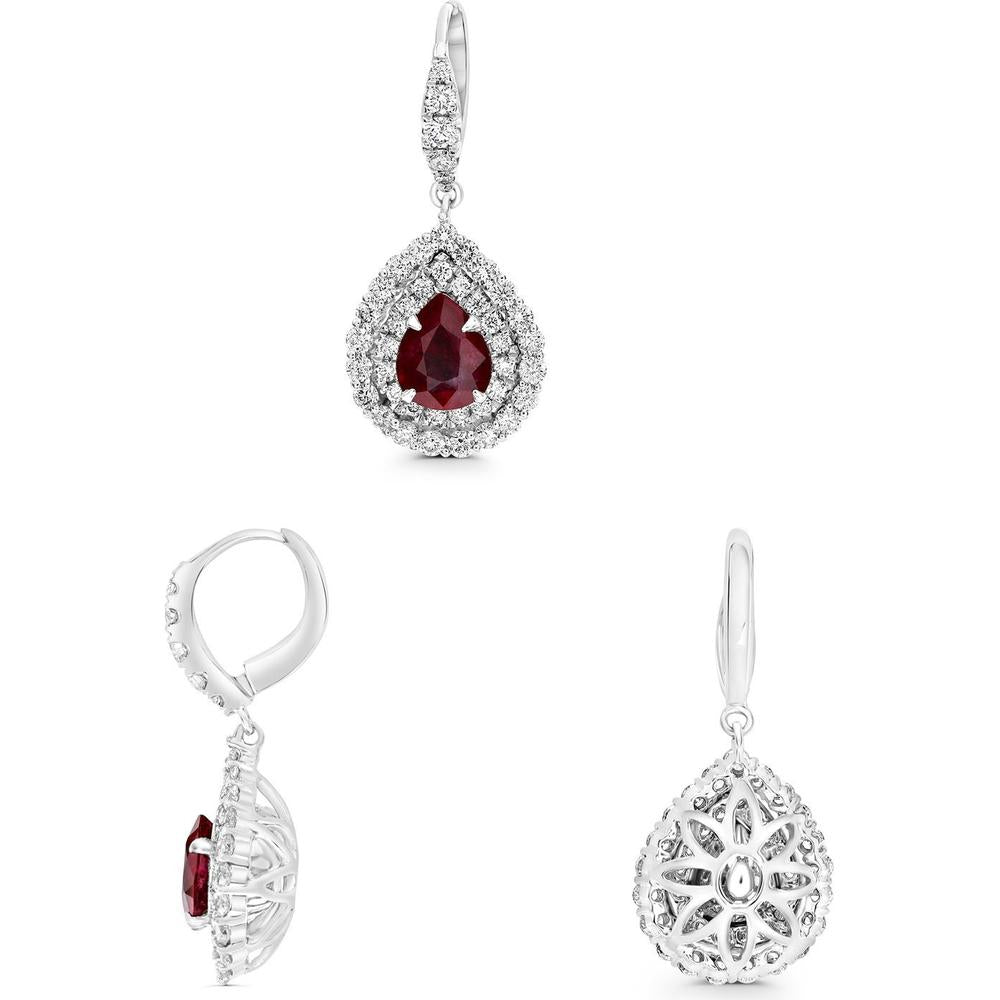 Roman & Jules - 18K White Gold Vintage Inspired Ruby and Diamond Drop Earrings - 1.36 Carat Total Ruby and Diamond Weight