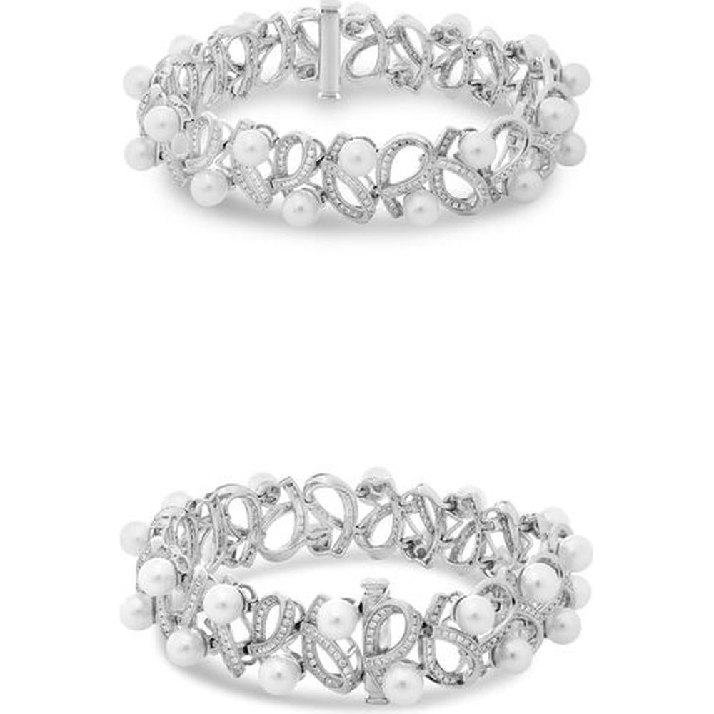 Roman & Jules - 18K White Gold White Pearl & Round Diamond Bracelet - 1.66 Carat Total Diamond Weight