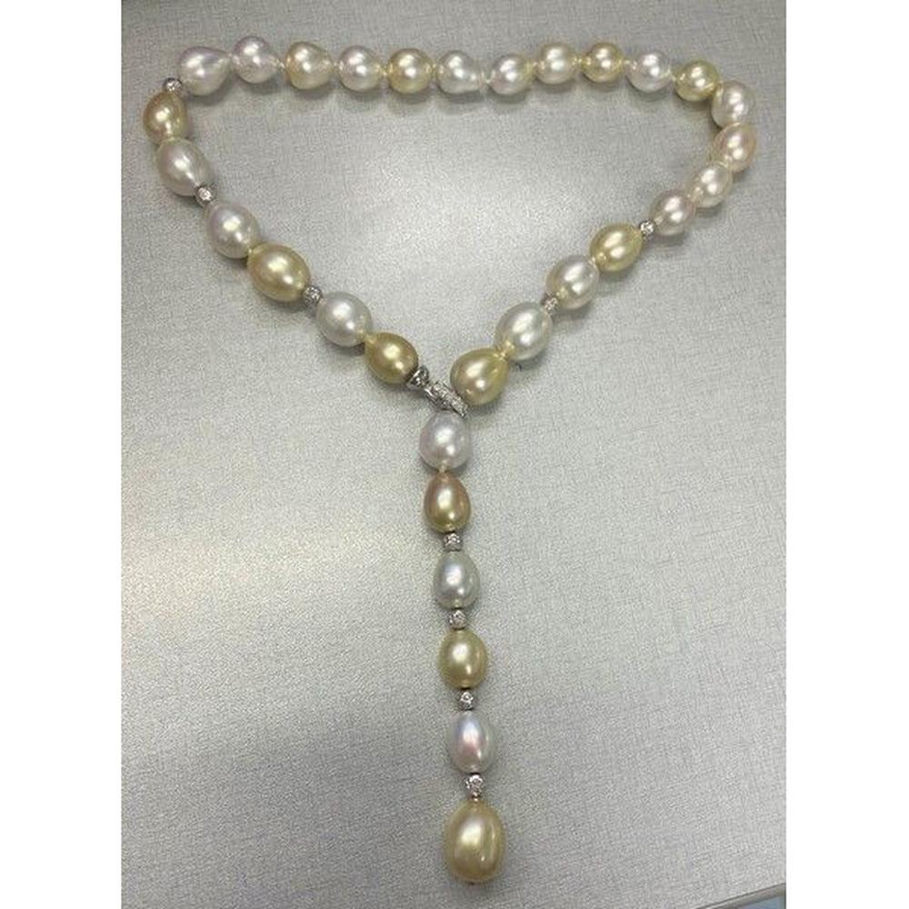 Roman & Jules - 18K White Gold Y-Drop Necklace with 13-10mm Pearls and 0.14 Carat Round Diamonds