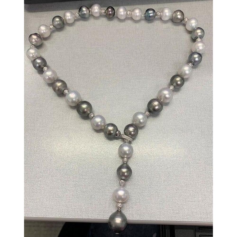Roman & Jules - 18K White Gold Y-Drop Necklace with 14.4-12.0mm Pearls and 0.23 Carat Round Diamonds