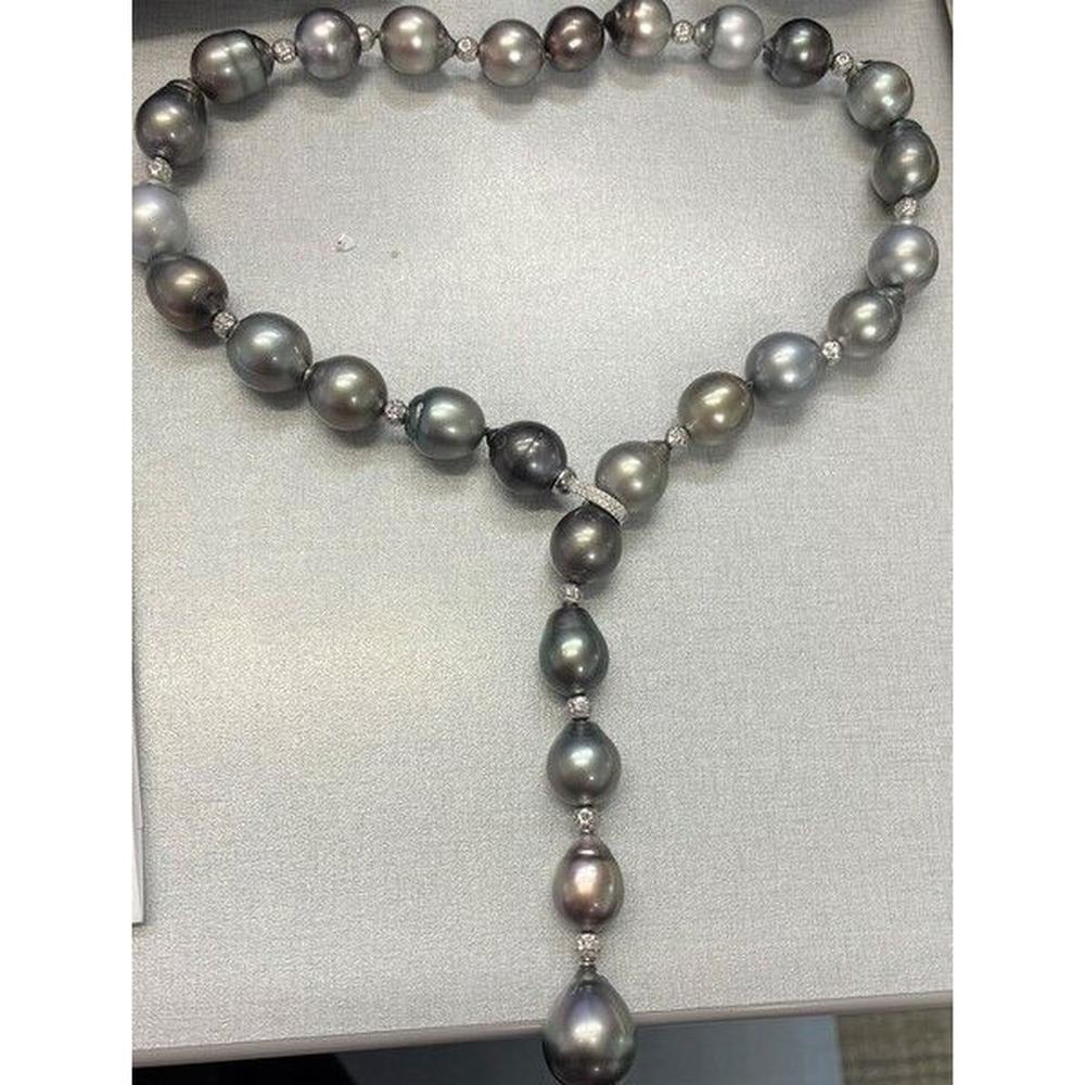 Roman & Jules - 18K White Gold Y-Drop Necklace with Baroque Pearls and Round Diamond Accents