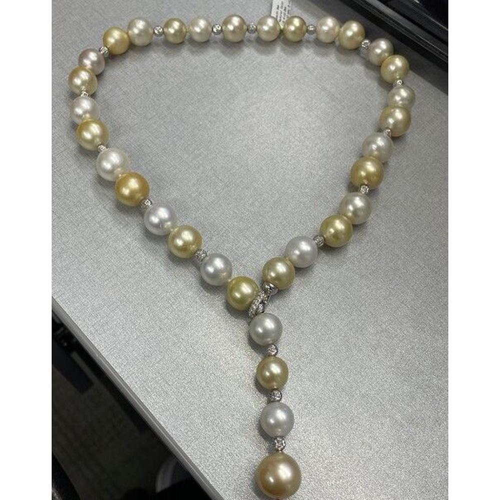Roman & Jules - 18K White Gold Y-Drop Necklace with Mixed 12-15.4mm Pearls and Round Diamond Accents