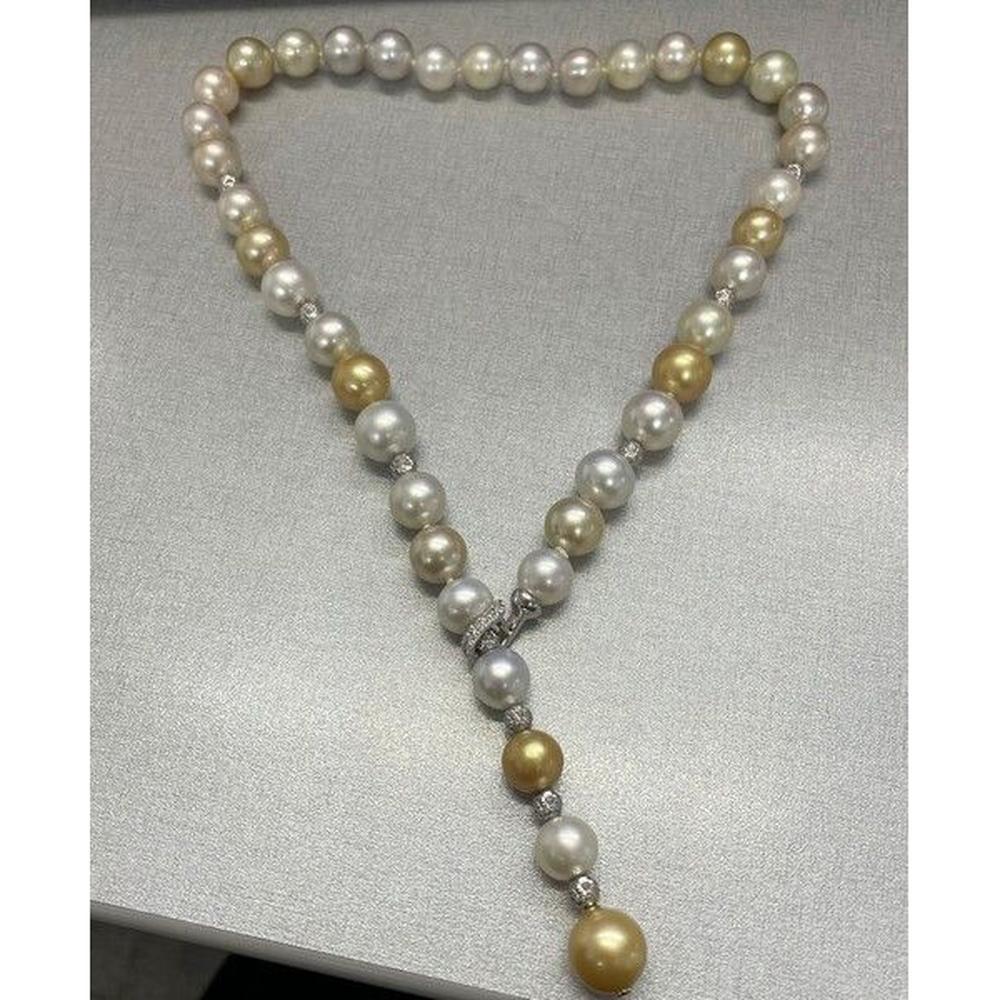 Roman & Jules - 18K White Gold Y-Drop Necklace with Round Diamonds and 11-12 mm Multi-Tone Pearls