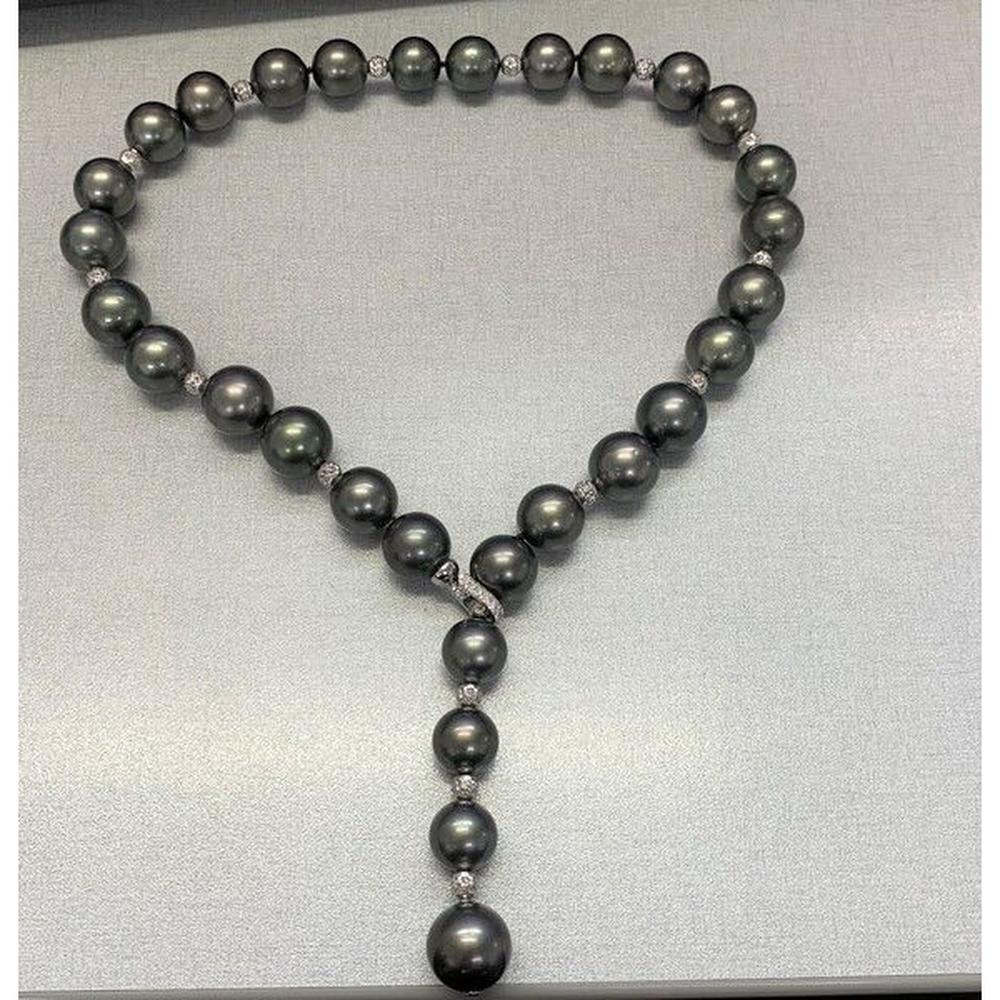 Roman & Jules - 18K White Gold Y-Drop Necklace with Tahitian Pearls and Round Diamond Accents