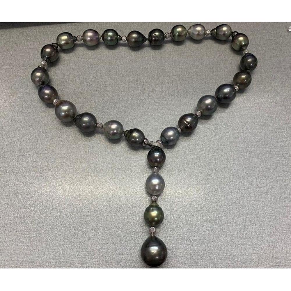 Roman & Jules - 18K White Gold Y-Drop Pearl Necklace with 0.23 Carat Diamond Accents and 16.8-13.0mm Pearls