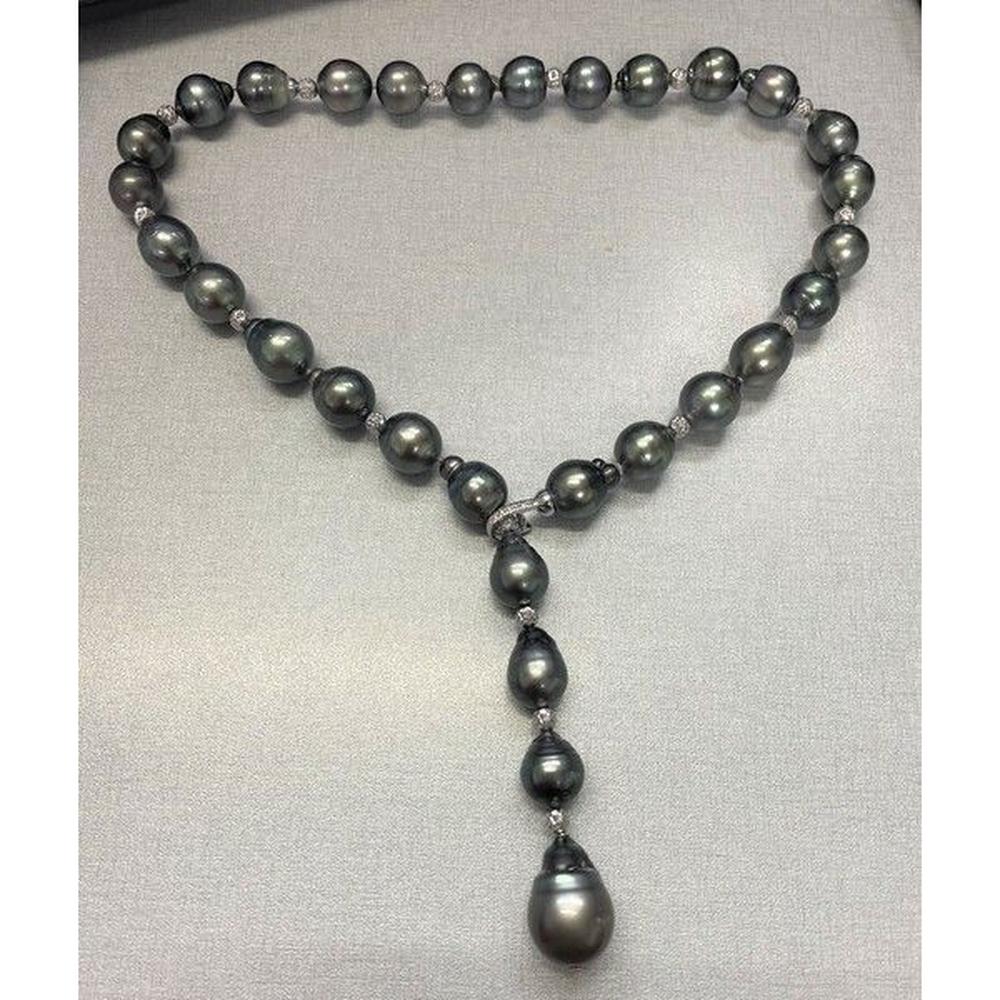 Roman & Jules - 18K White Gold Y-Drop Pearl Necklace with Round Diamond Accents - 0.14 Carat Diamonds and 16.5-12.0mm Pearls