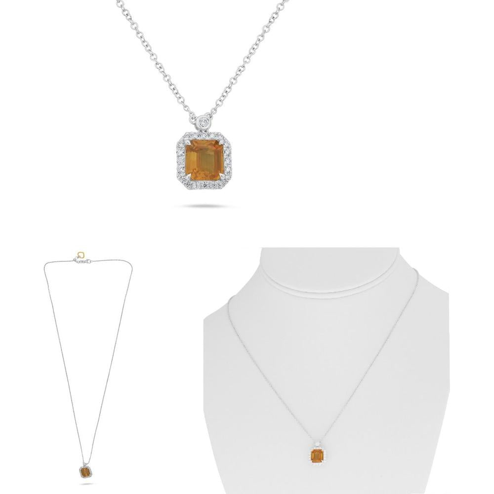 Roman & Jules - 18K White Gold Yellow Sapphire Halo Emerald Cut Necklace with Round Diamonds - 2.30 Carat Total Sapphire Weight