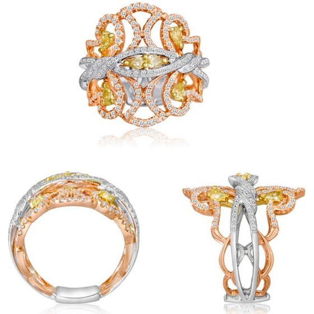 Roman & Jules - 18K White, Rose & Yellow Gold Fashion Ring with 0.53 Carat Round Diamonds and 0.48 Carat Fancy Yellow Pear Shaped Diamonds