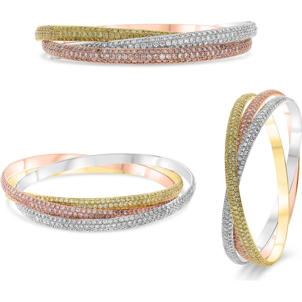 Roman & Jules - 18K White, Rose, and Yellow Gold Interlocking Trio Diamond Pave Bangle with Fancy Pink and Yellow Diamonds - 20.41 Carat Total Diamond Weight