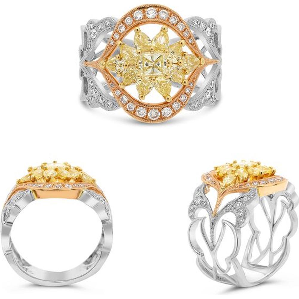 Roman & Jules - 18K White, Rose, and Yellow Gold Mixed Shape Fancy Yellow Diamond Ring with Round Diamonds - 1.09 Carat Total Diamond Weight