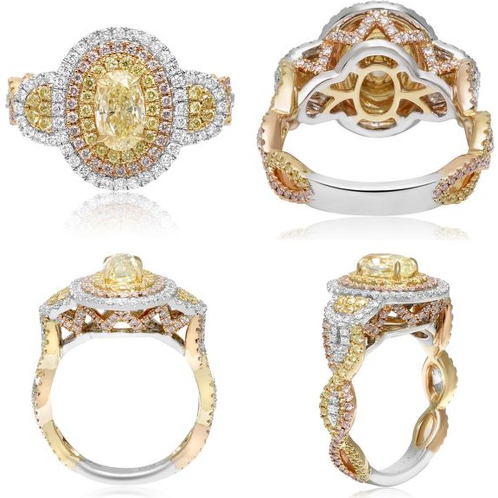 Roman & Jules - 18K White, Rose, and Yellow Gold Triple Halo Oval Diamond Ring with Fancy Yellow, Pink, and White Diamonds - 1.71 Carat Total Diamond Weight