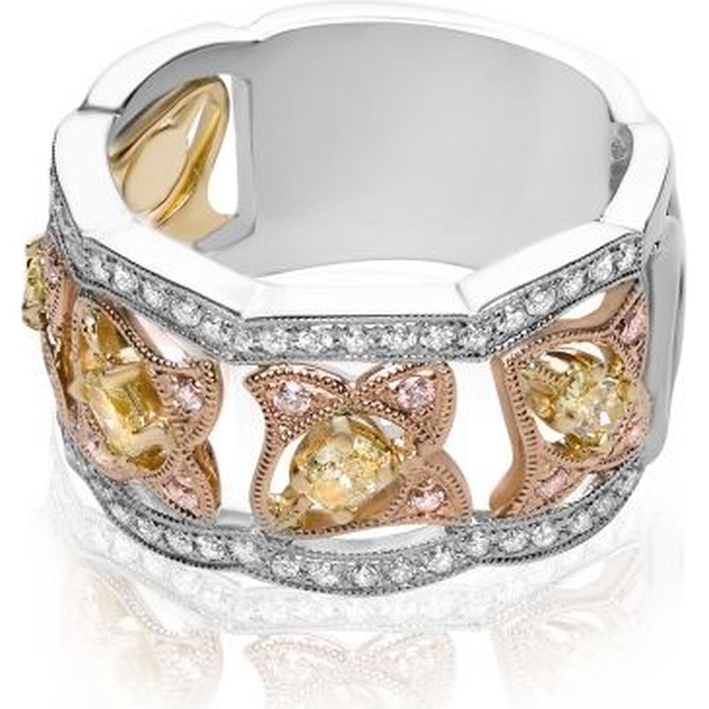 Roman & Jules - 18K White, Rose, and Yellow Gold Wide Band Ring with Pink and Yellow Diamonds - 0.85 Carat Total Diamond Weight