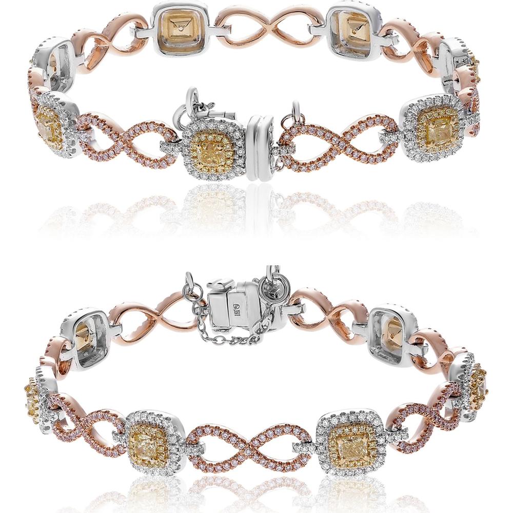 Roman & Jules - 18K White, Yellow, and Rose Gold Bracelet with Fancy Yellow and Pink Diamonds - 1.36 Carat Total Diamond Weight