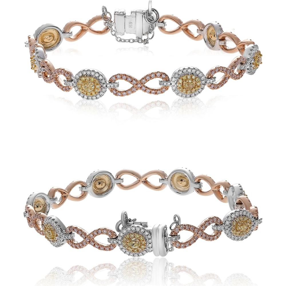 Roman & Jules - 18K White, Yellow, and Rose Gold Bracelet with Fancy Yellow, Pink, and Round Diamonds - 1.87 Carat Total Diamond Weight