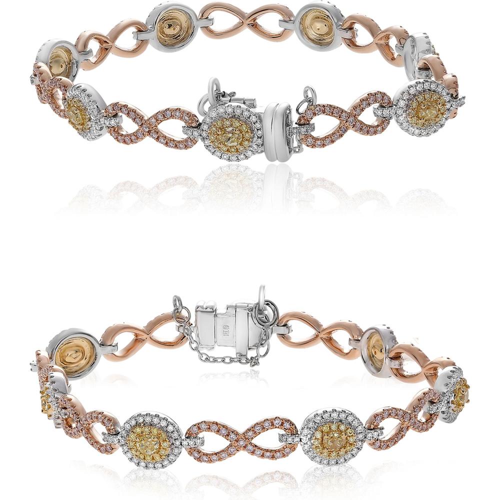 Roman & Jules - 18K White, Yellow, and Rose Gold Bracelet with Fancy Yellow, Round White, and Pink Diamonds - 2.65 Carat Total Diamond Weight