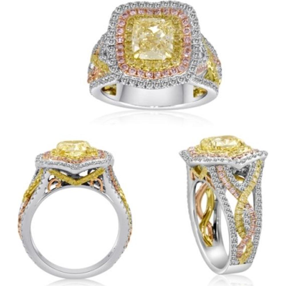 Roman & Jules - 18K White, Yellow, and Rose Gold Cushion Fancy Yellow Diamond Ring with Pink and White Diamonds - 2.90 Carat Total Diamond Weight