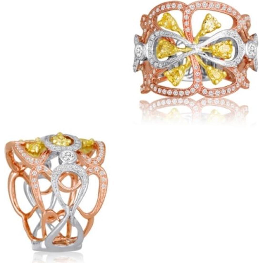 Roman & Jules - 18K White, Yellow, and Rose Gold Fancy Yellow Diamond Ring with Round and Pear-Shaped Diamonds - 1.06 Carat Total Diamond Weight