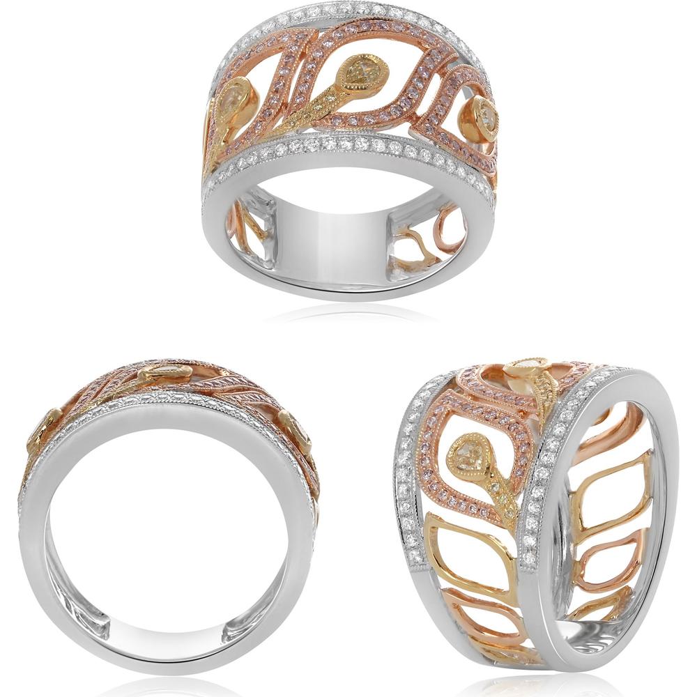 Roman & Jules - 18K White, Yellow & Rose Gold Fashion Ring with Round & Pear Shaped Diamonds - 0.33 Carat Yellow, 0.23 Carat Pink, 0.25 Carat Yellow Diamond Total Weight