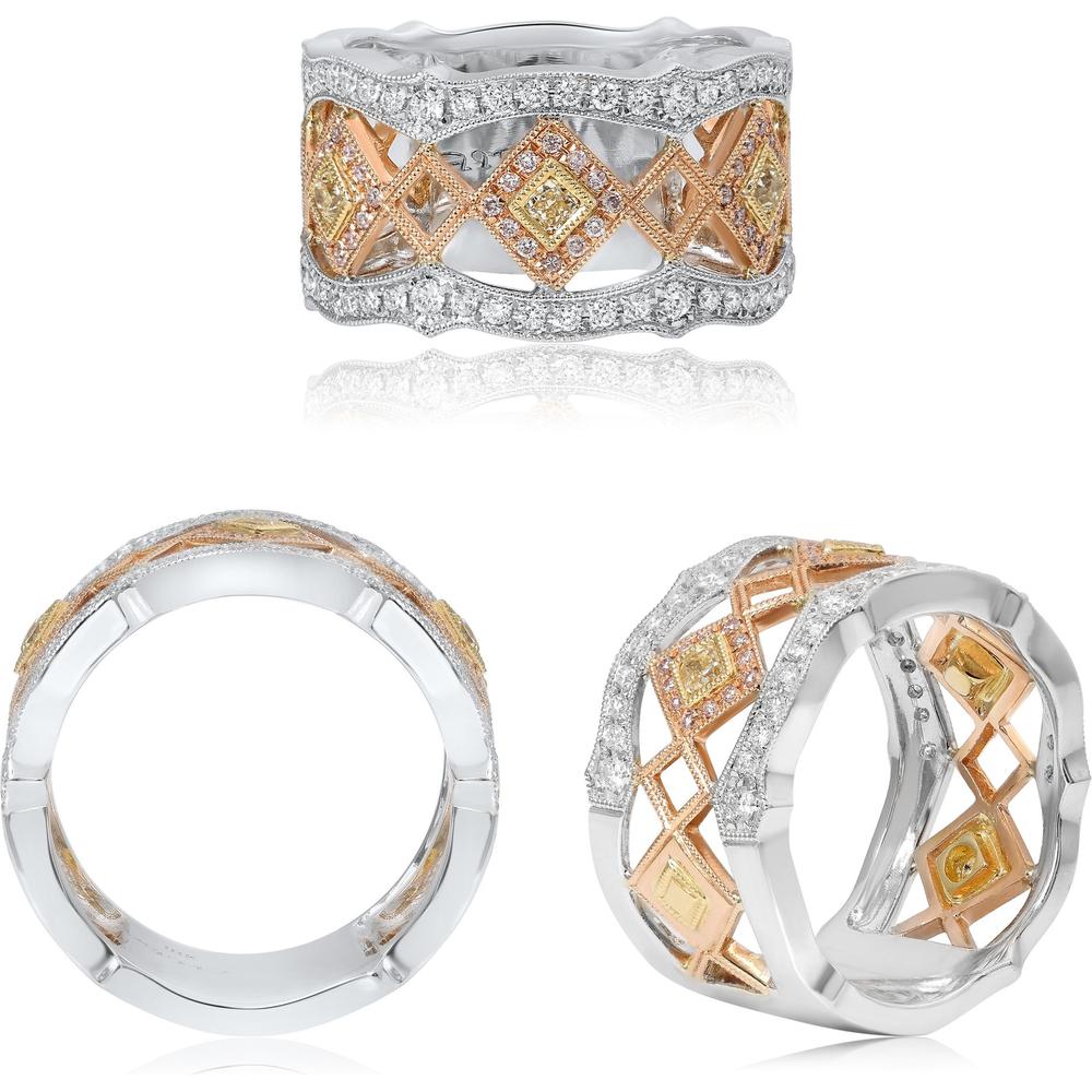 Roman & Jules - 18K White, Yellow, and Rose Gold Geometric Diamond Ring with Round, Radiant, and Fancy Pink Diamonds - 0.71 Carat Total Diamond Weight
