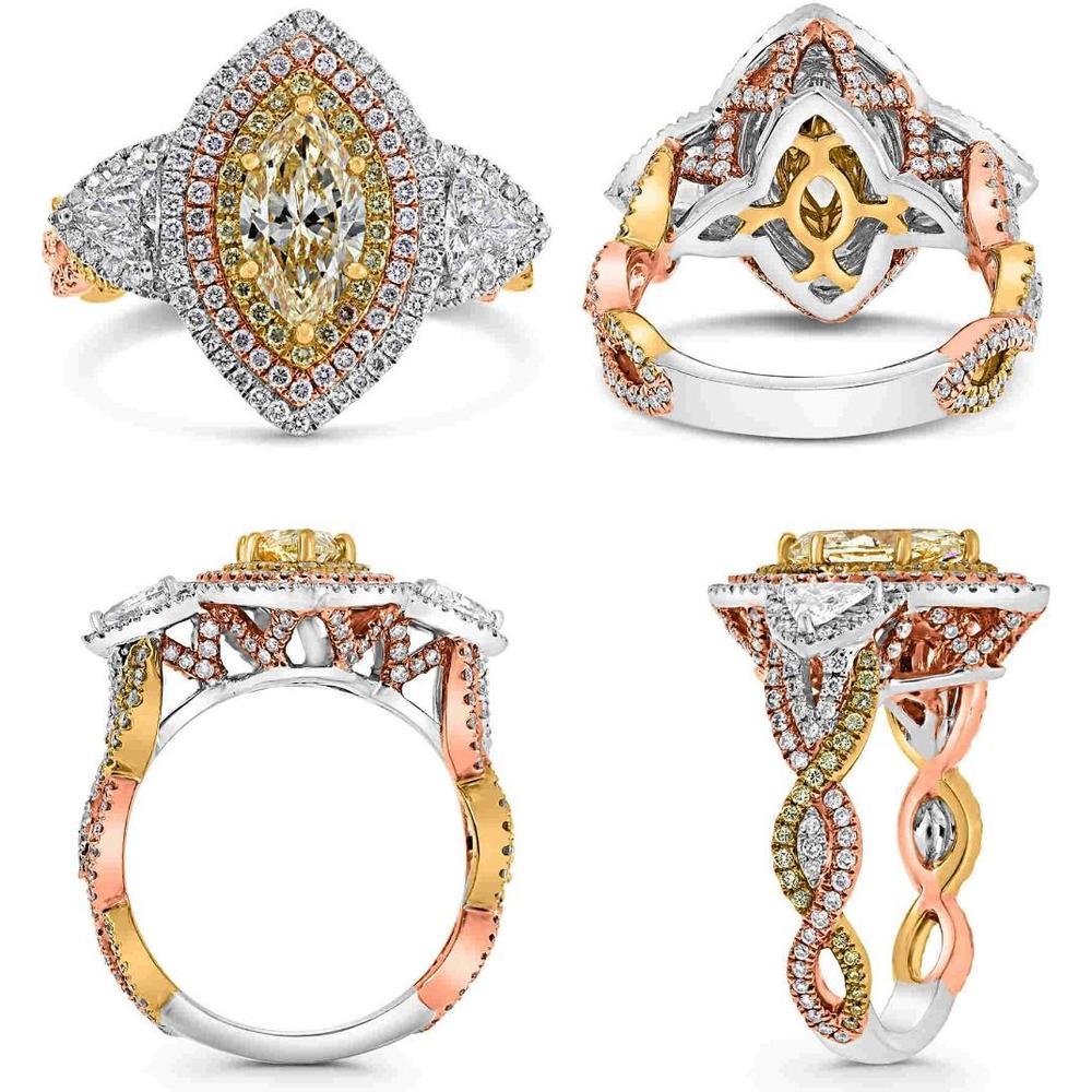 Roman & Jules - 18K White, Yellow, and Rose Gold Marquise Fancy Yellow Diamond Halo Ring with Round Diamonds - 1.01 Carat Total Diamond Weight