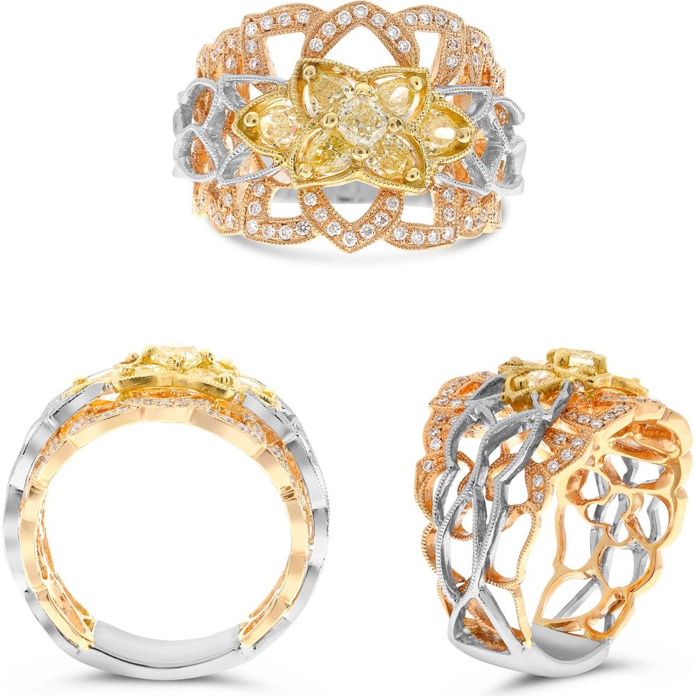 Roman & Jules - 18K White, Yellow & Rose Gold Mixed Shape Fancy Yellow Diamond Ring with Round and Pear-Shaped Diamonds - 1.09 Carat Total Diamond Weight