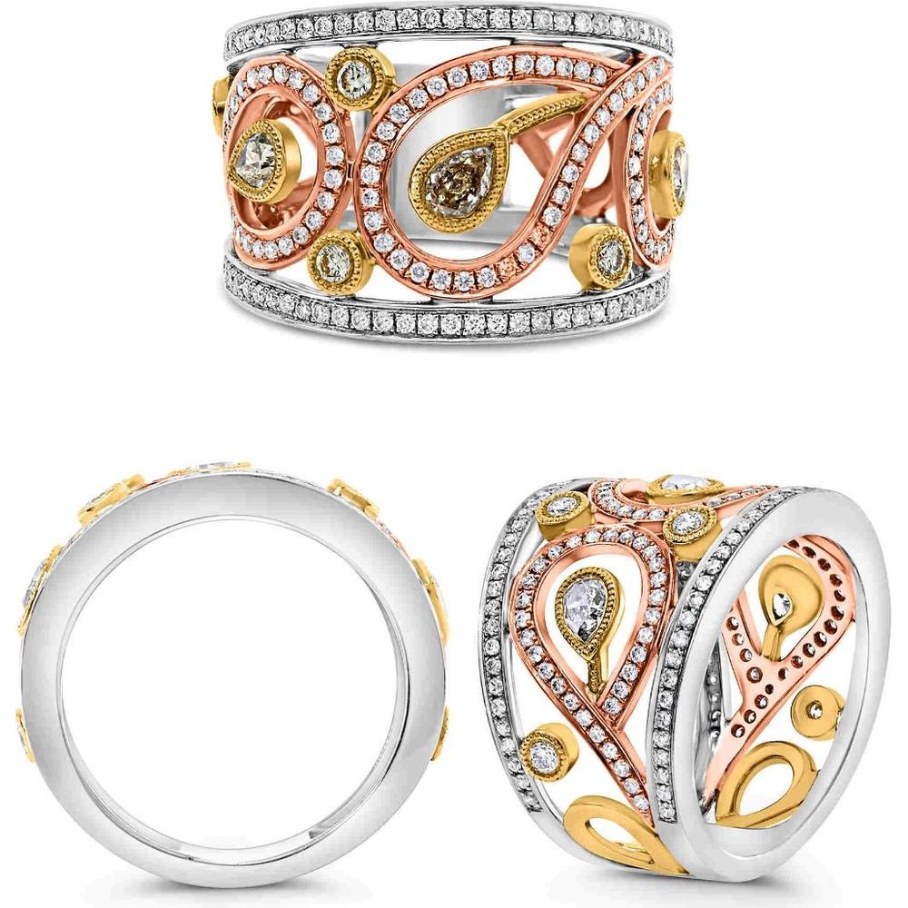 Roman & Jules - 18K White, Yellow, and Rose Gold Pear-Shaped Fancy Yellow Diamond Ring with Round and Pink Diamonds - 1.39 Carat Total Diamond Weight