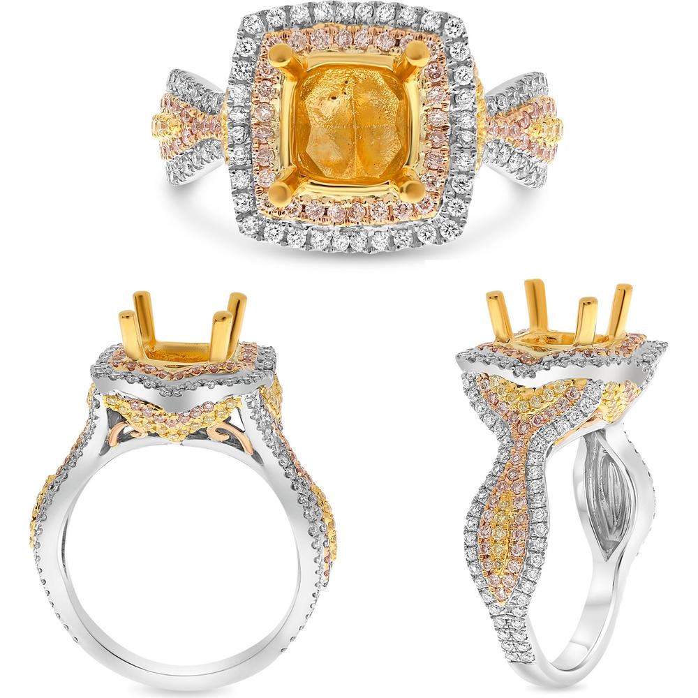 Roman & Jules - 18K White, Yellow, and Rose Gold Radiant Fancy Yellow Diamond Halo Ring with Pink and White Accent Diamonds - 1.19 Carat Total Diamond Weight
