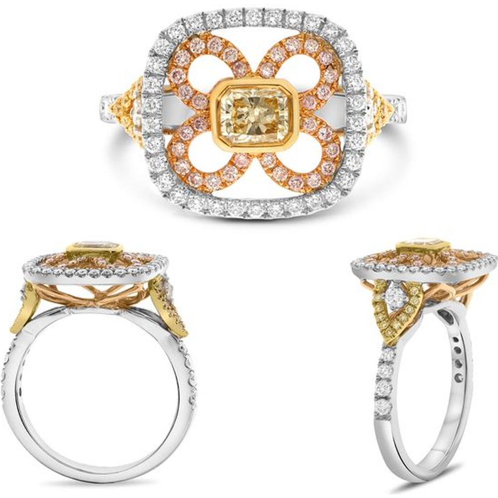 Roman & Jules - 18K White, Yellow, and Rose Gold Radiant Fancy Yellow Diamond Ring with Pink and Round Diamonds - 1.13 Carat Total Diamond Weight
