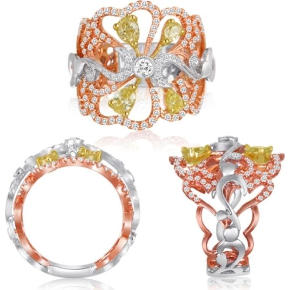 Roman & Jules - 18K White, Yellow, and Rose Gold Round Fancy Yellow Diamond Ring with 0.58 Carat Fancy Yellow and White Diamonds