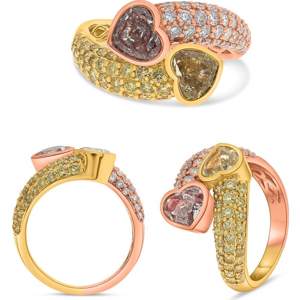 Roman & Jules - 18K Yellow and Rose Gold Pink and Yellow Heart Diamond Bypass Ring - 1.01 Carat Total Pink Diamond Weight, 0.55 Carat Yellow Diamond, 0.52 Carat Total Round Diamond Weight
